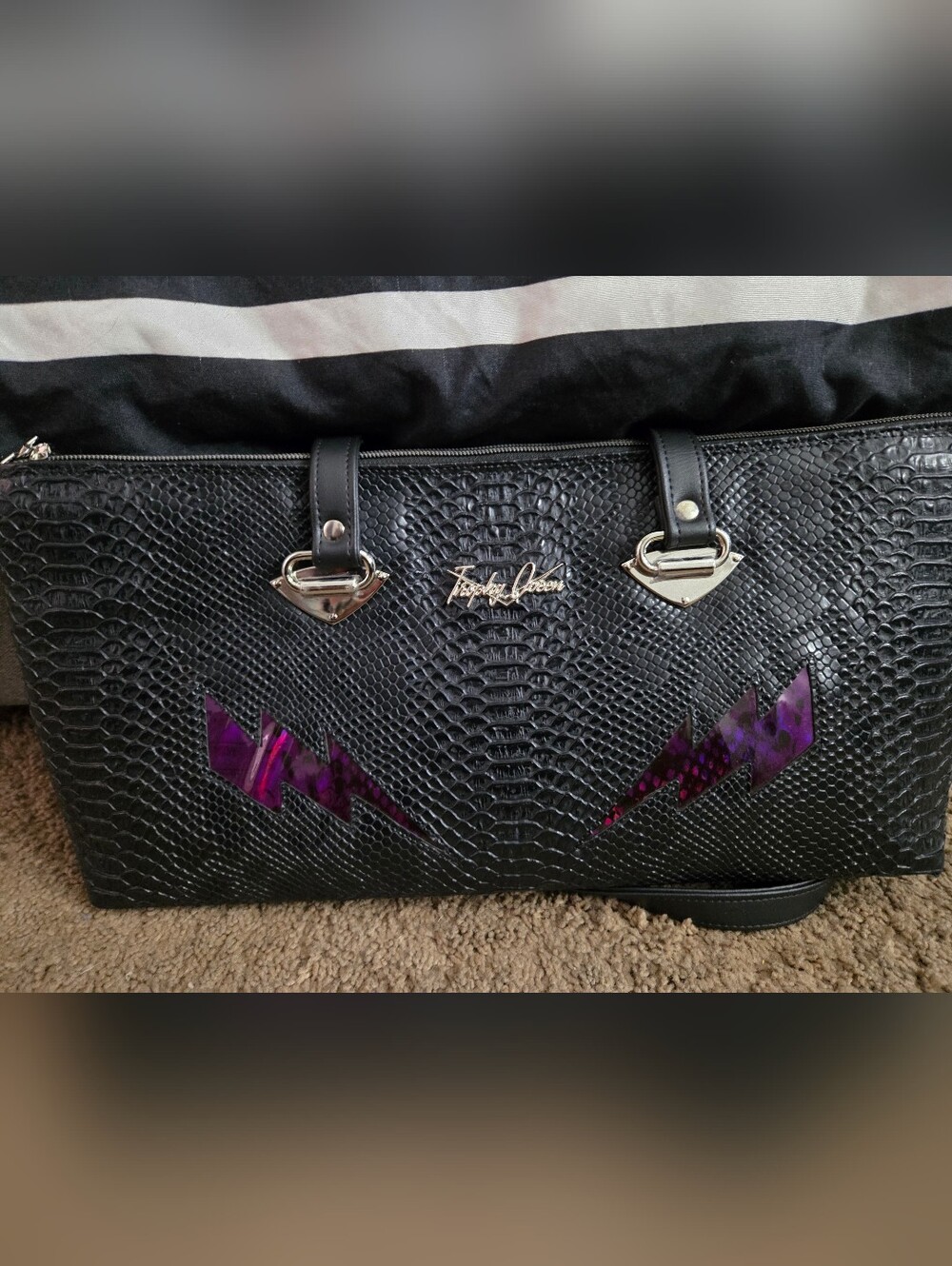 Black Faux-Snakeskin Shoulder Tote with Purple Accent Lightning Detail